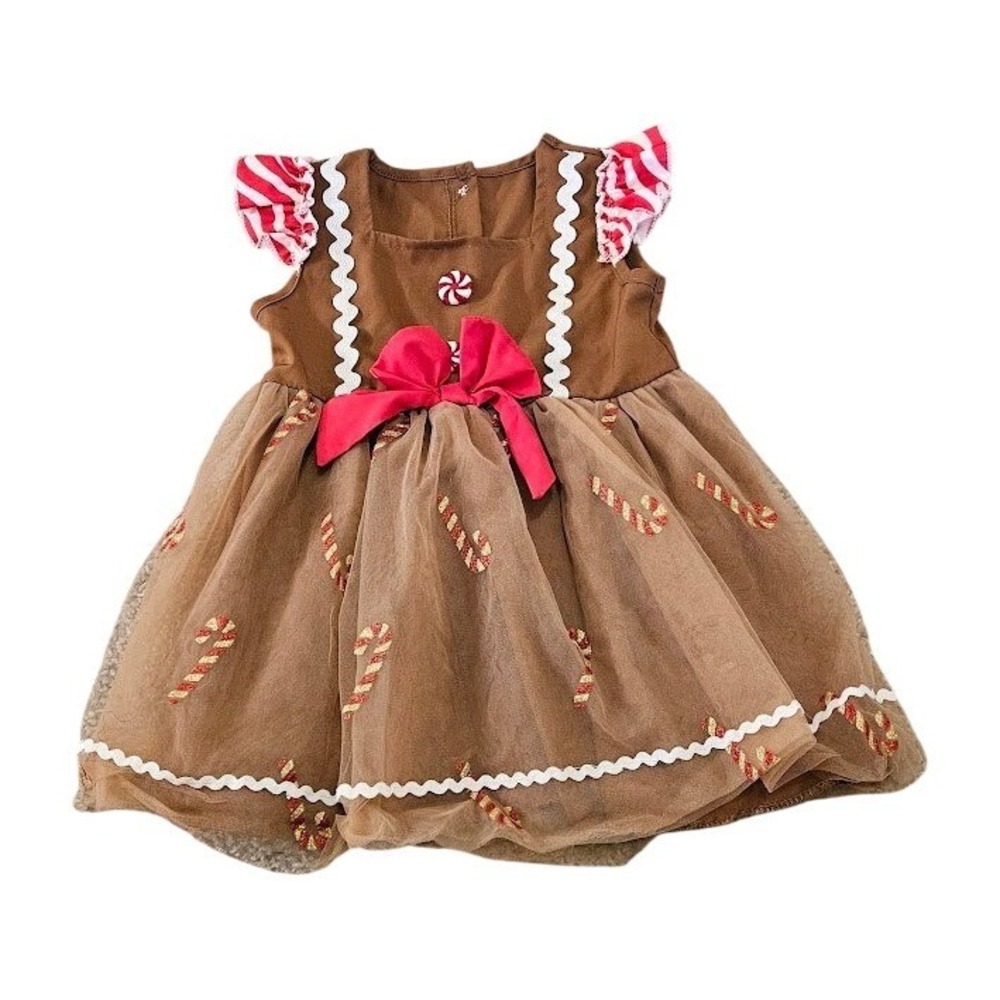 Gingerbread Christmas Dress Girls 18-24M Brown Tulle Candy Cane Holiday